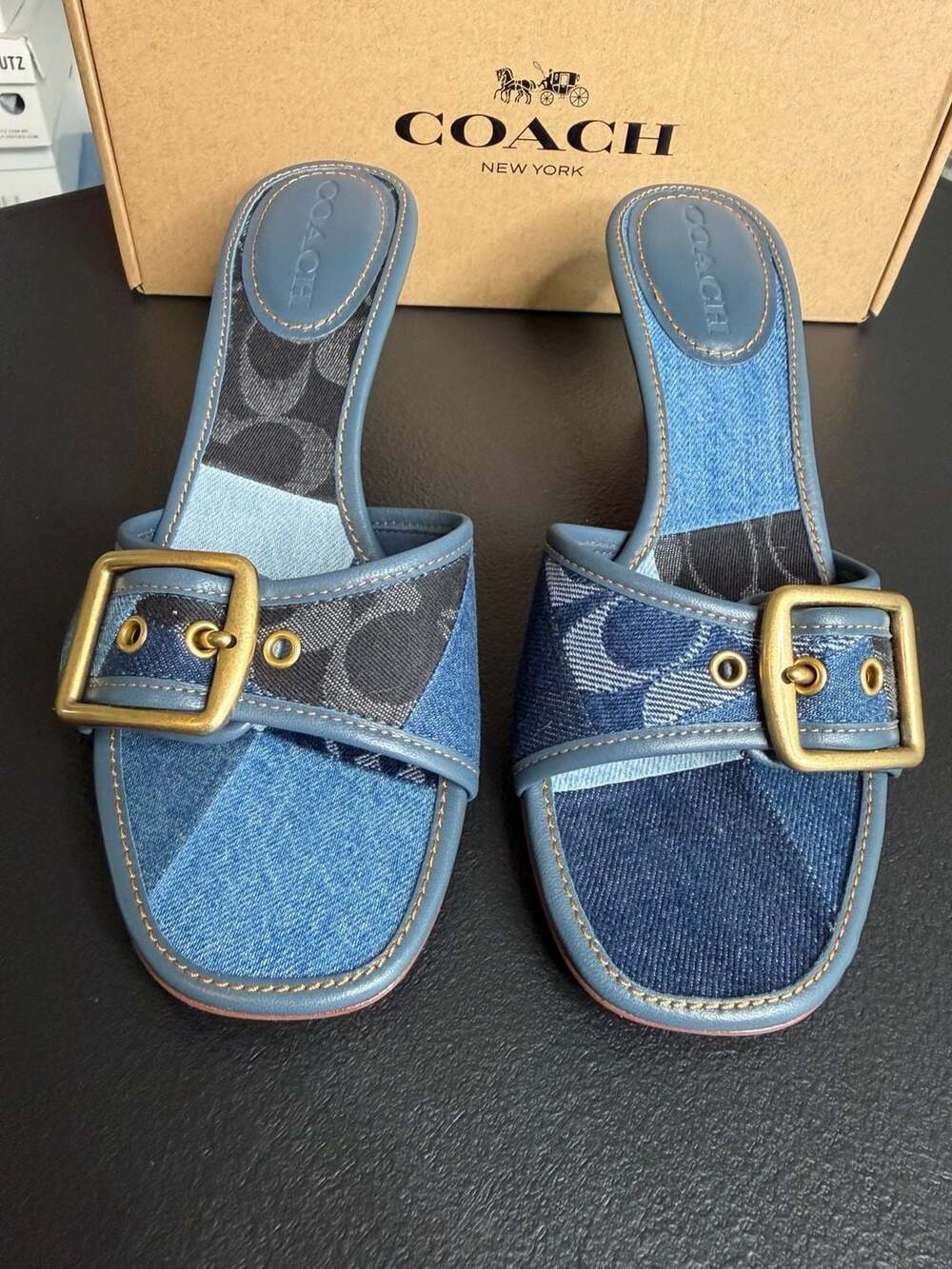 Coach Margot Denim Patchwork Kitten Heel Sandals Blue CEF08 sz 7.5 BNIB $195 - Picture 2 of 8